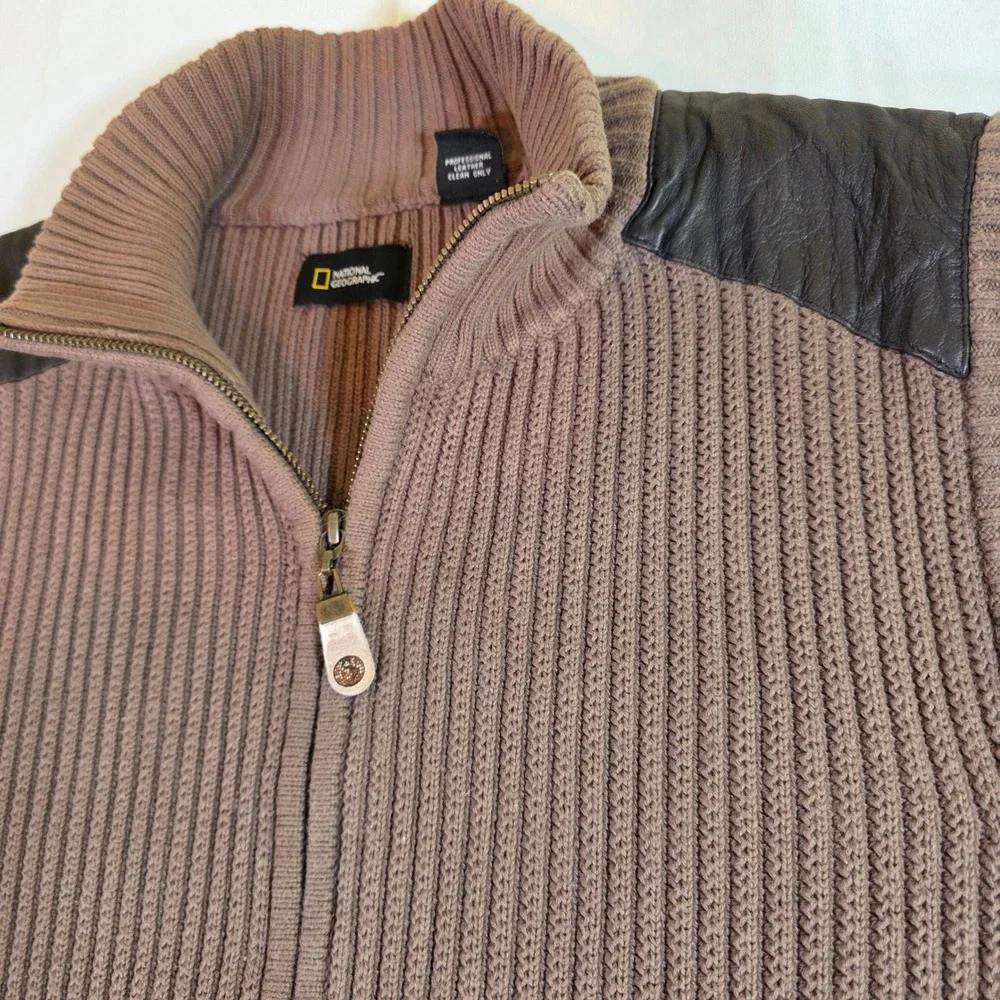 NATIONAL GEOGRAPHIC Men's XL Brown Cotton‎ Leather Chunky Ribbed Full Zip Vest - Picture 3 of 7